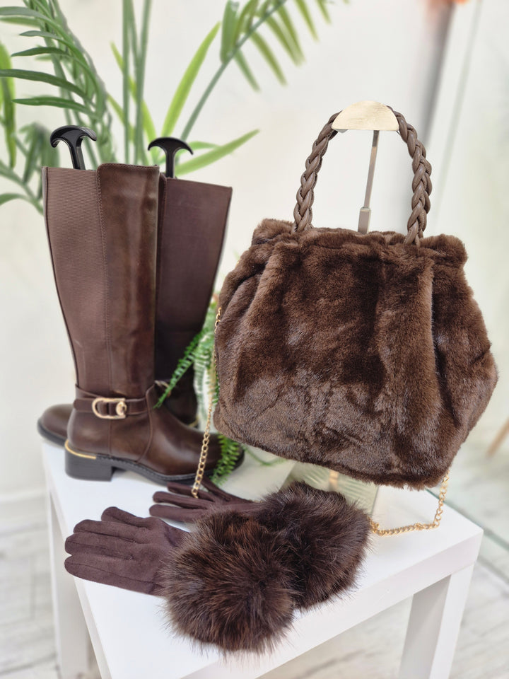 Oslo Faux Fur Bag with Gold Chain - Chocolate