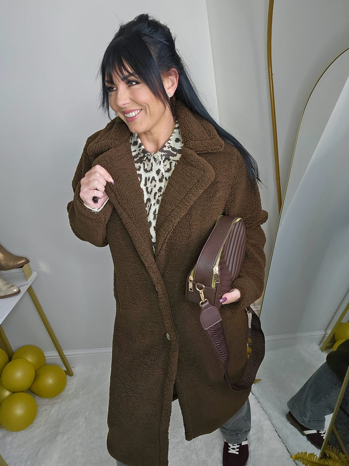 Manhattan Shearling Long Coat - Chocolate (One Size - fits Size 10/12 up to Size 18)