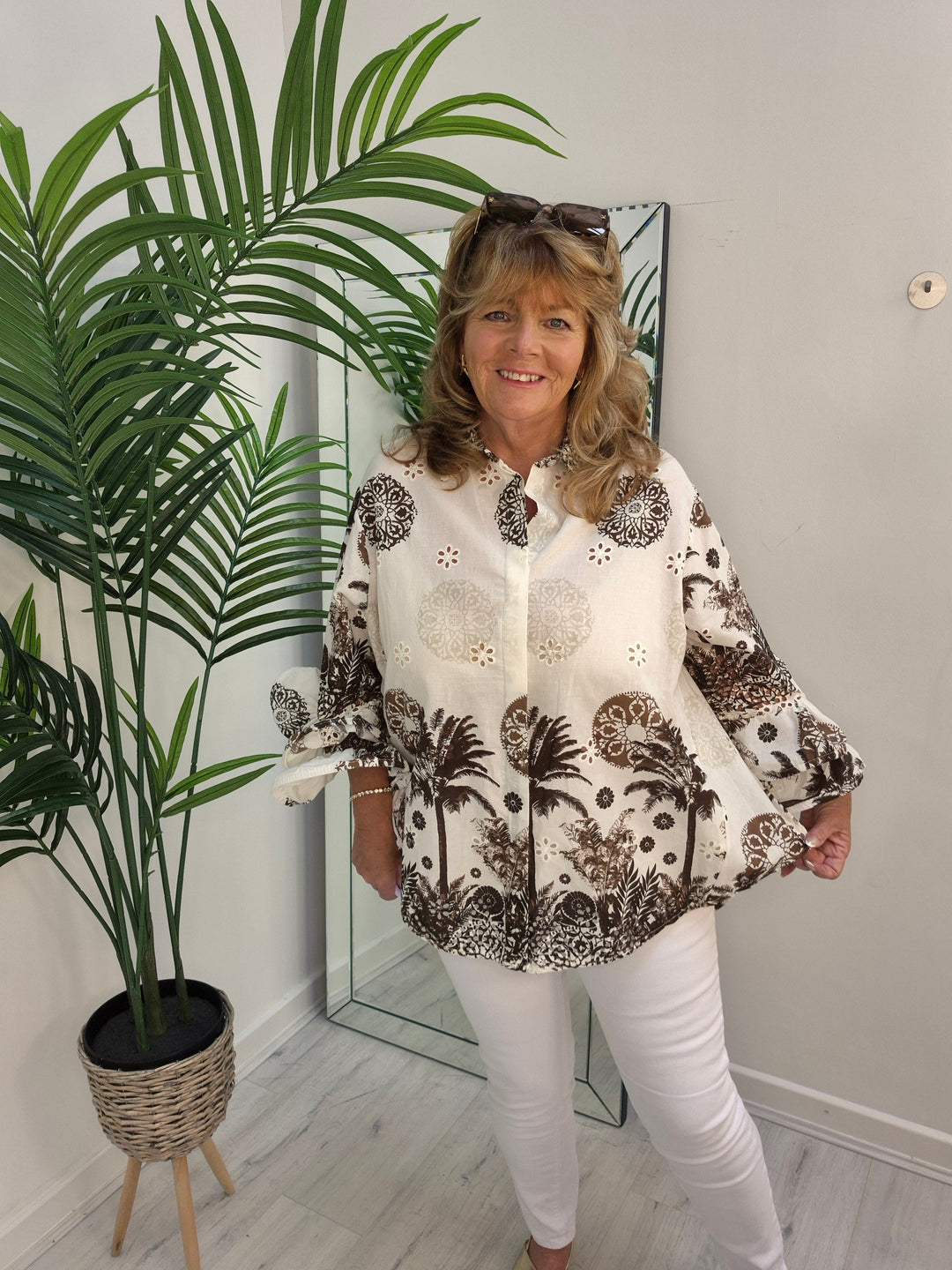 Zetta Otto Double Fluted Sleeve Blouse - White/ Chocolate - Palm (Oversized)