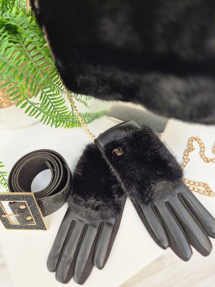 Oslo Gloves with Faux Leather & Faux Fur - Black with Gold Tone Logo