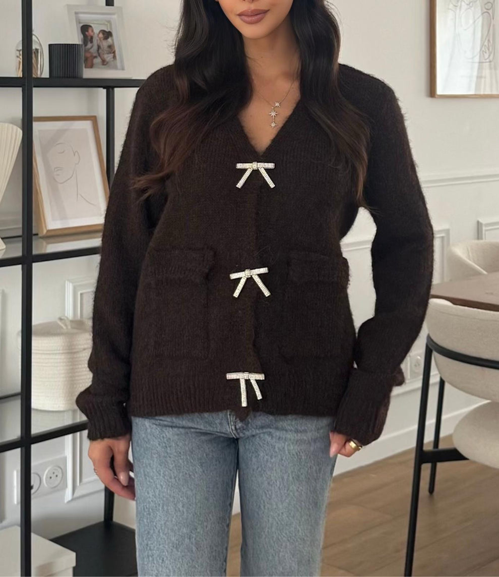 Diamante Bow Cardigan - Chocolate (One Size - fits from Size 8 up to Size 16)