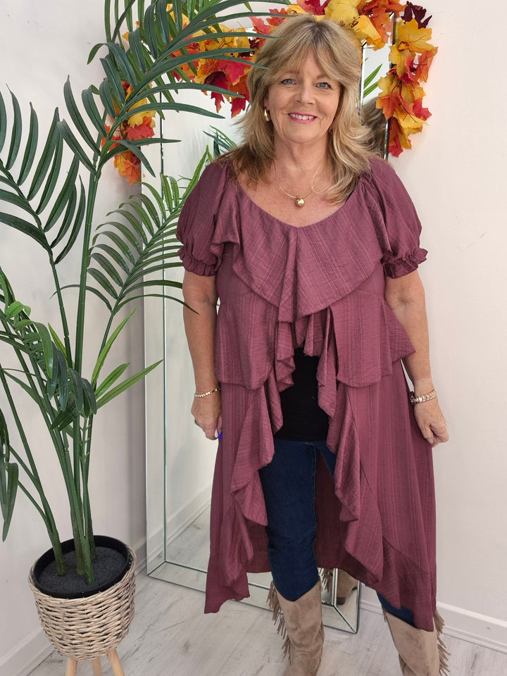 Rhea Ruffle Hi Lo Blouse - Wine - One Size fits up to Size 16/18