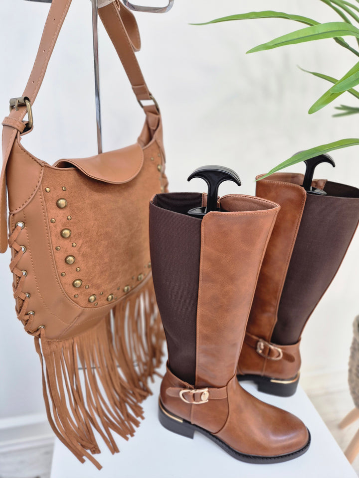 Farley Studded & Tassel Saddle Bag - Tan