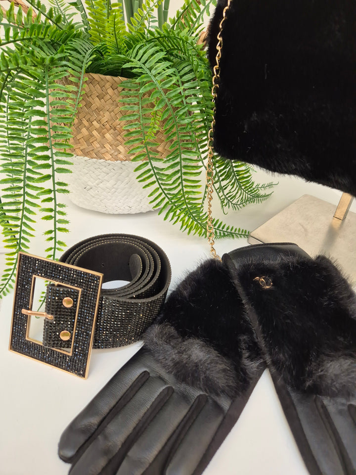 Oslo Gloves with Faux Leather & Faux Fur - Black with Gold Tone Logo