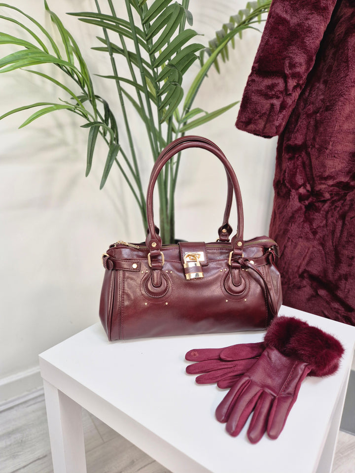 Oslo Gloves with Faux Leather & Faux Fur - Wine