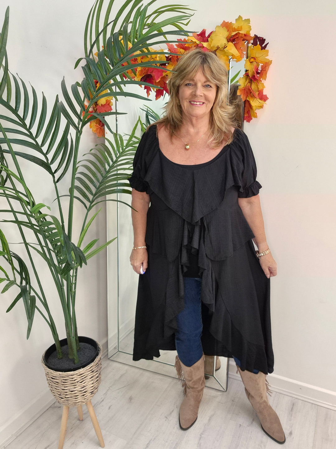 Rhea Ruffle Hi Lo Blouse - Black - One Size fits up to Size 16/18