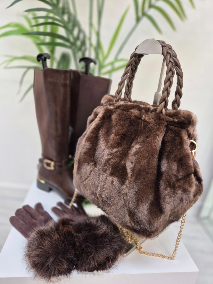 Oslo Faux Fur Bag with Gold Chain - Chocolate
