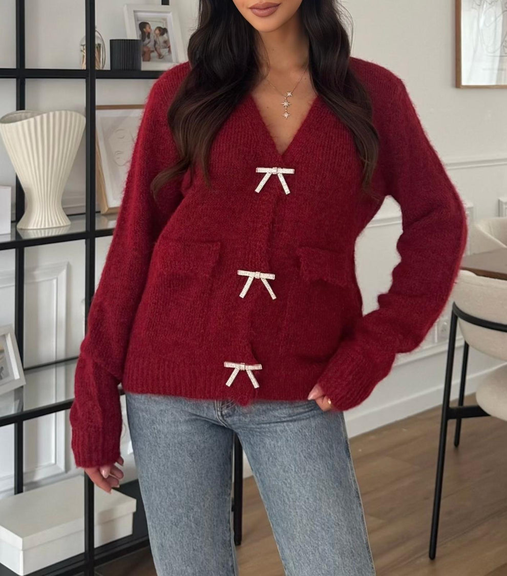 Diamante Bow Cardigan - Berry Red (One Size - fits from Size 8 up to Size 16)