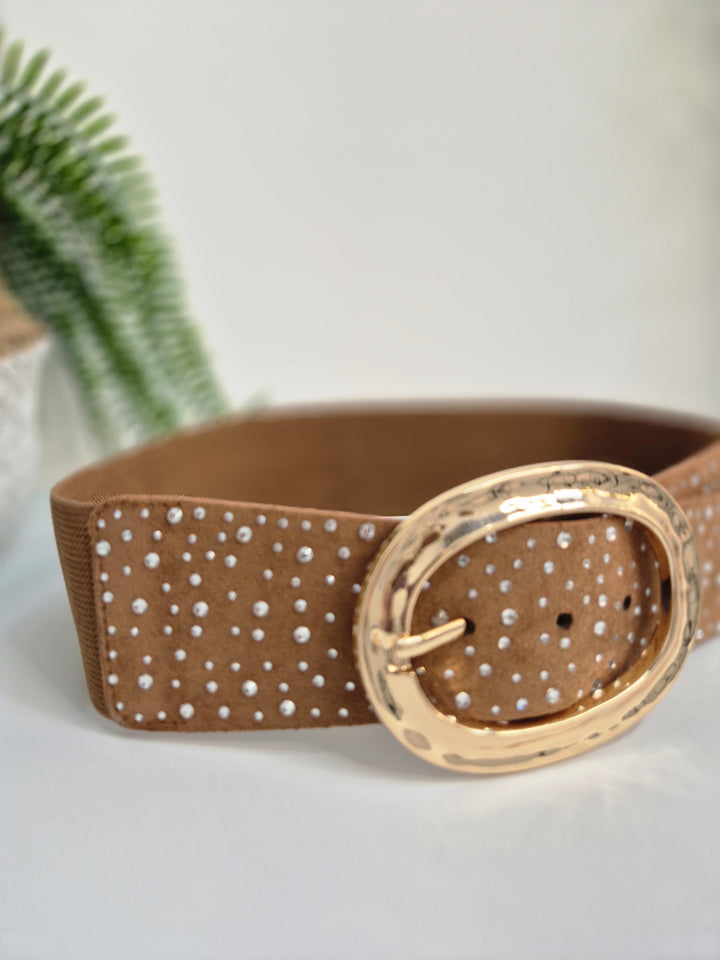 Stretchy Crystal Belt - Tan - (One Size, fits from Size 8 to Size 16)