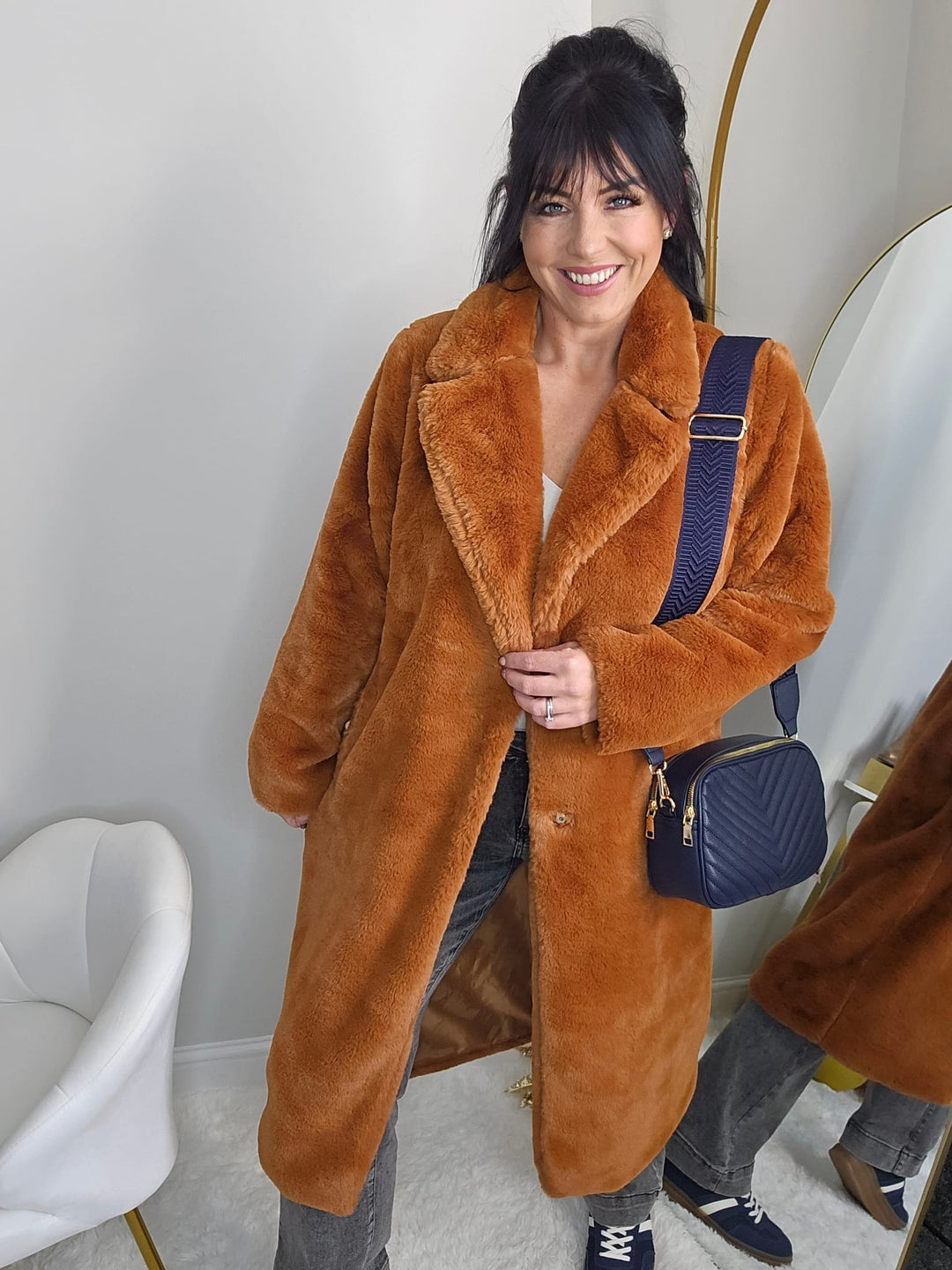 Oslo Faux Fur Longline Coat - Rust (One Size - fits from Size 10 up to Size 16)