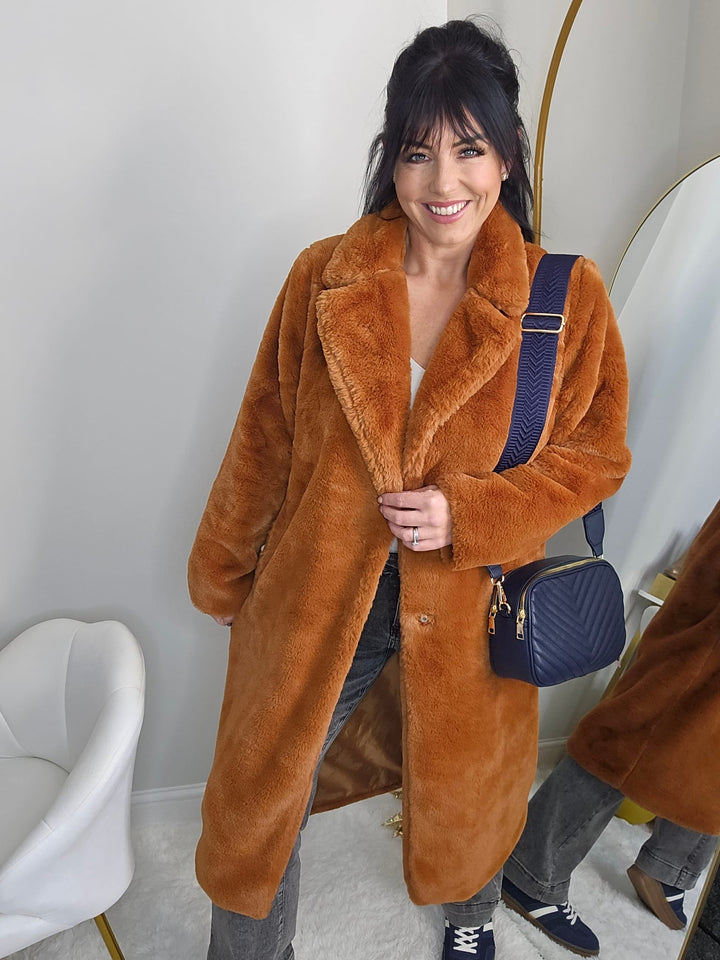 Oslo Faux Fur Longline Coat - Rust (One Size - fits from Size 10 up to Size 16)