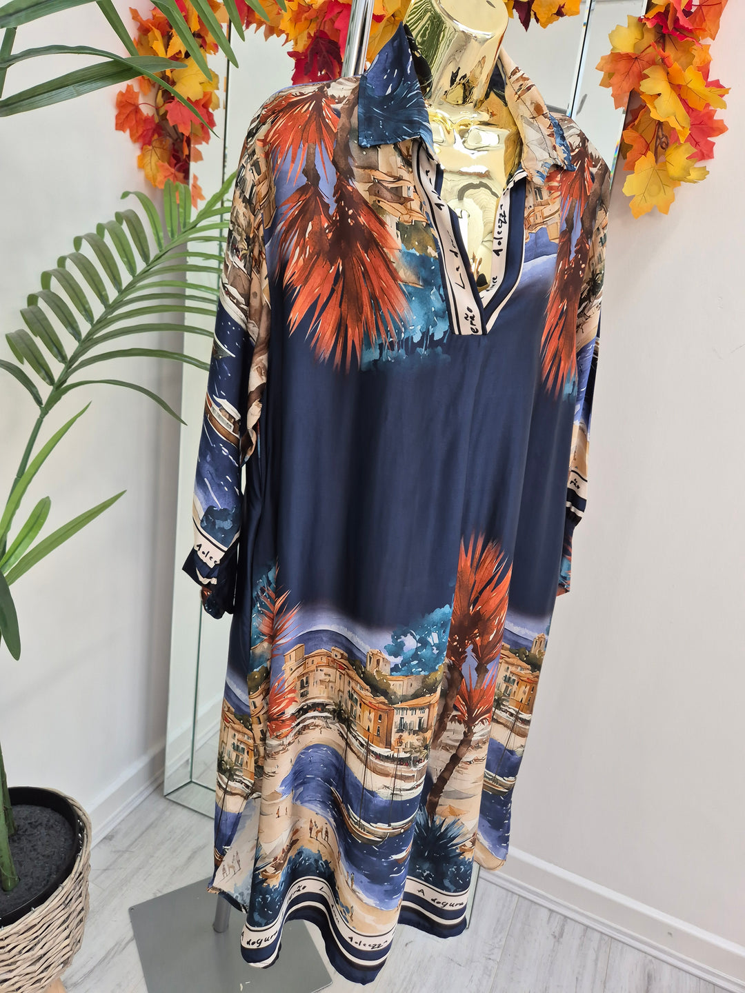 Amalfi Village Silk Dress - Navy- (One Size - fitting from Size 14 to Size 20)