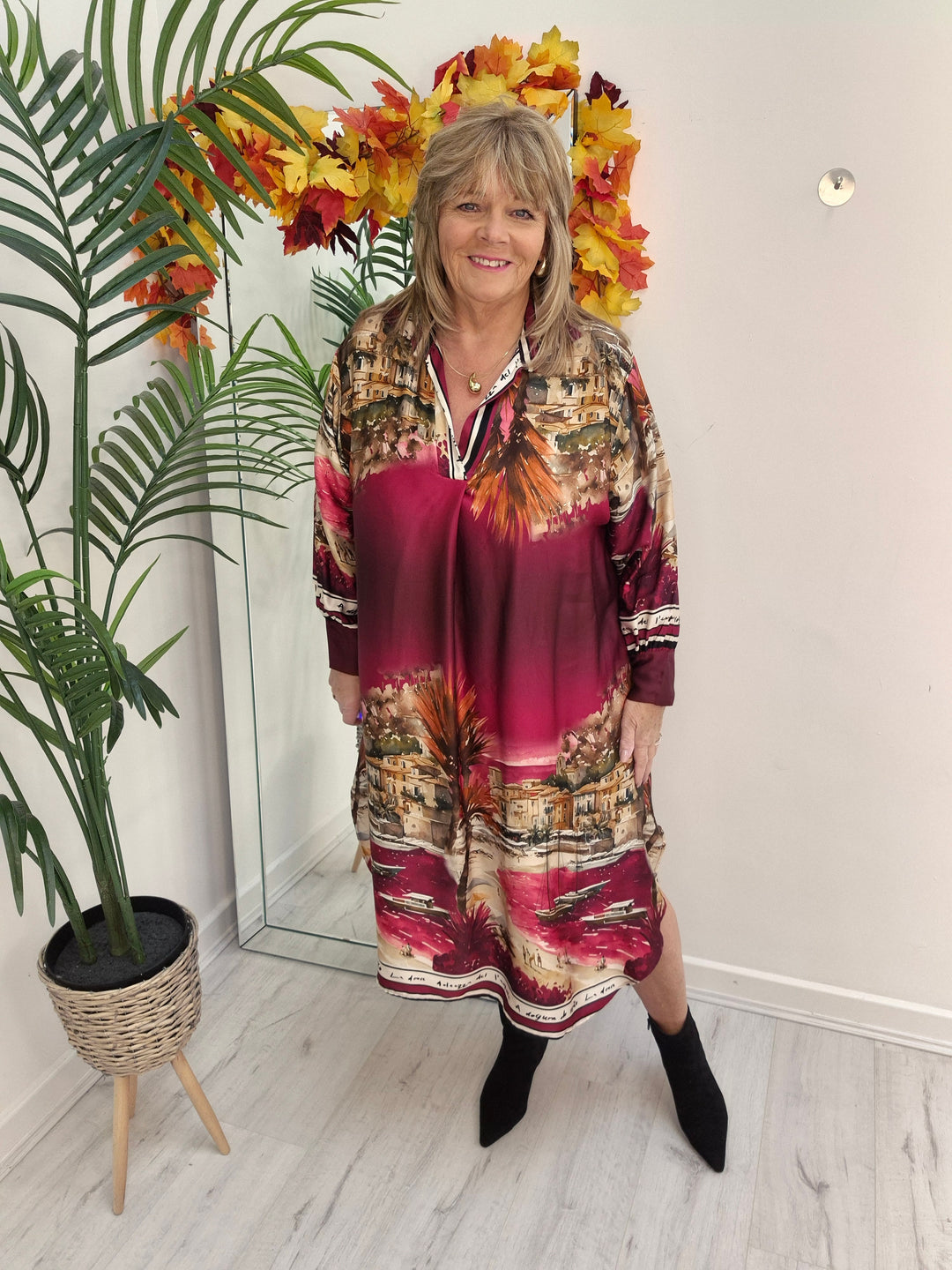 Amalfi Village Silk Dress - Wine - (One Size - fitting from Size 14 to Size 20)