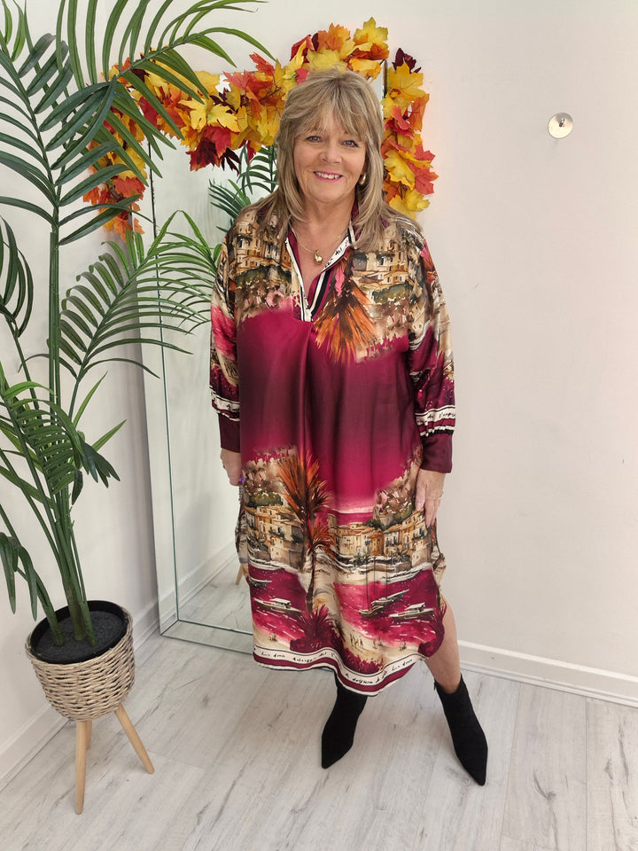 Amalfi Village Silk Dress - Wine - (One Size - fitting from Size 14 to Size 20)