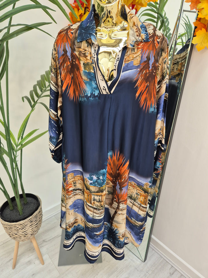 Amalfi Village Silk Dress - Navy- (One Size - fitting from Size 14 to Size 20)