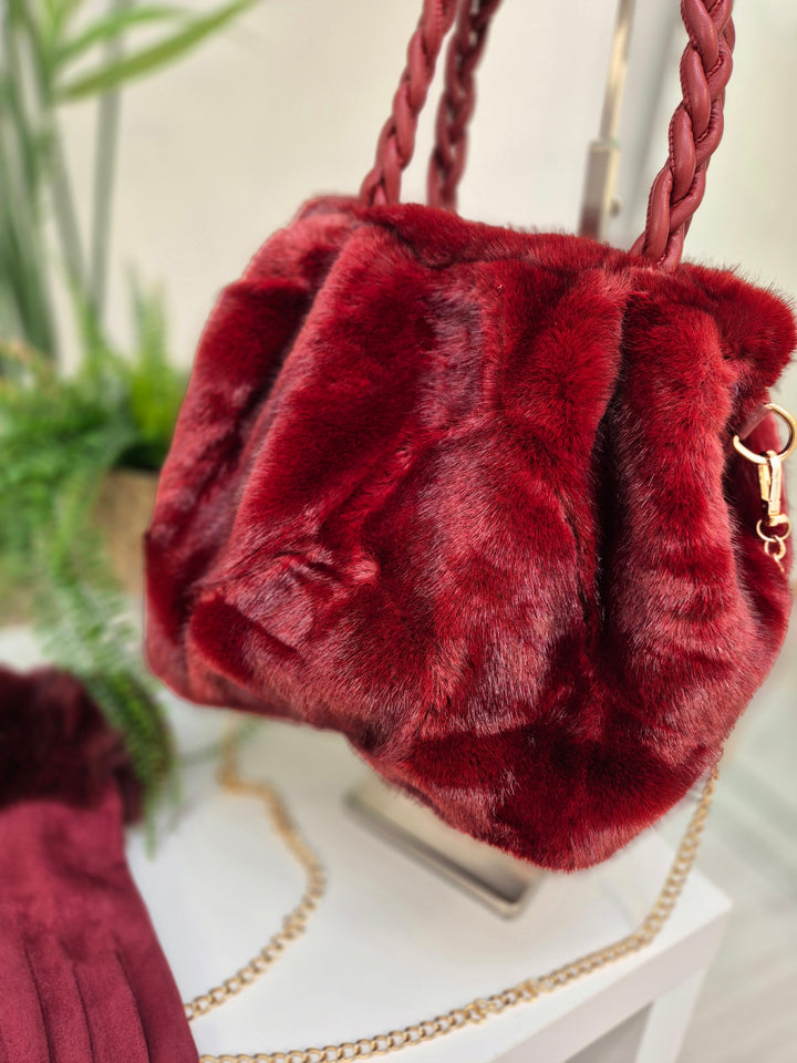 Oslo Faux Fur Bag with Gold Chain - Wine