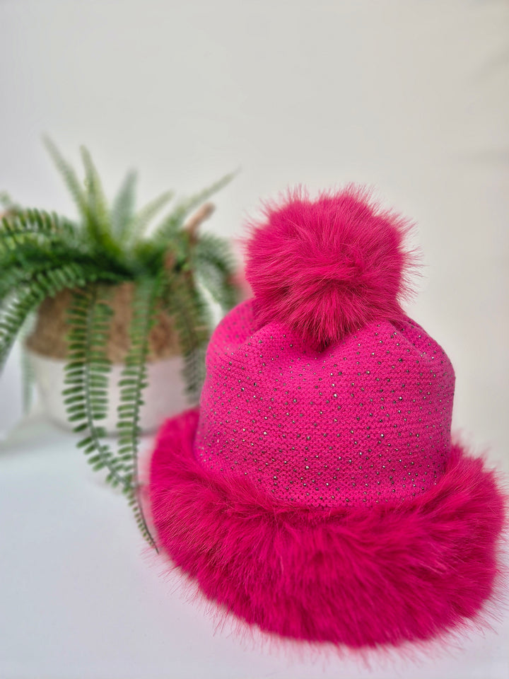 Oslo Faux Fur & Crystals Pom Pom Hat - Hot Pink