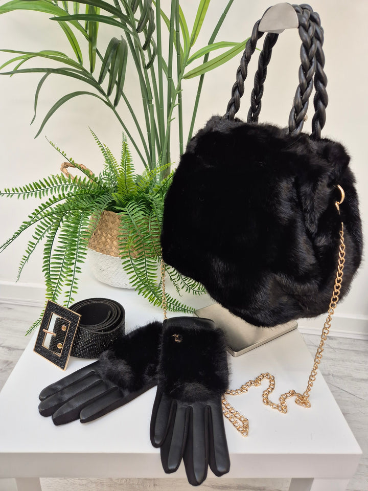 Oslo Gloves with Faux Leather & Faux Fur - Black with Gold Tone Logo