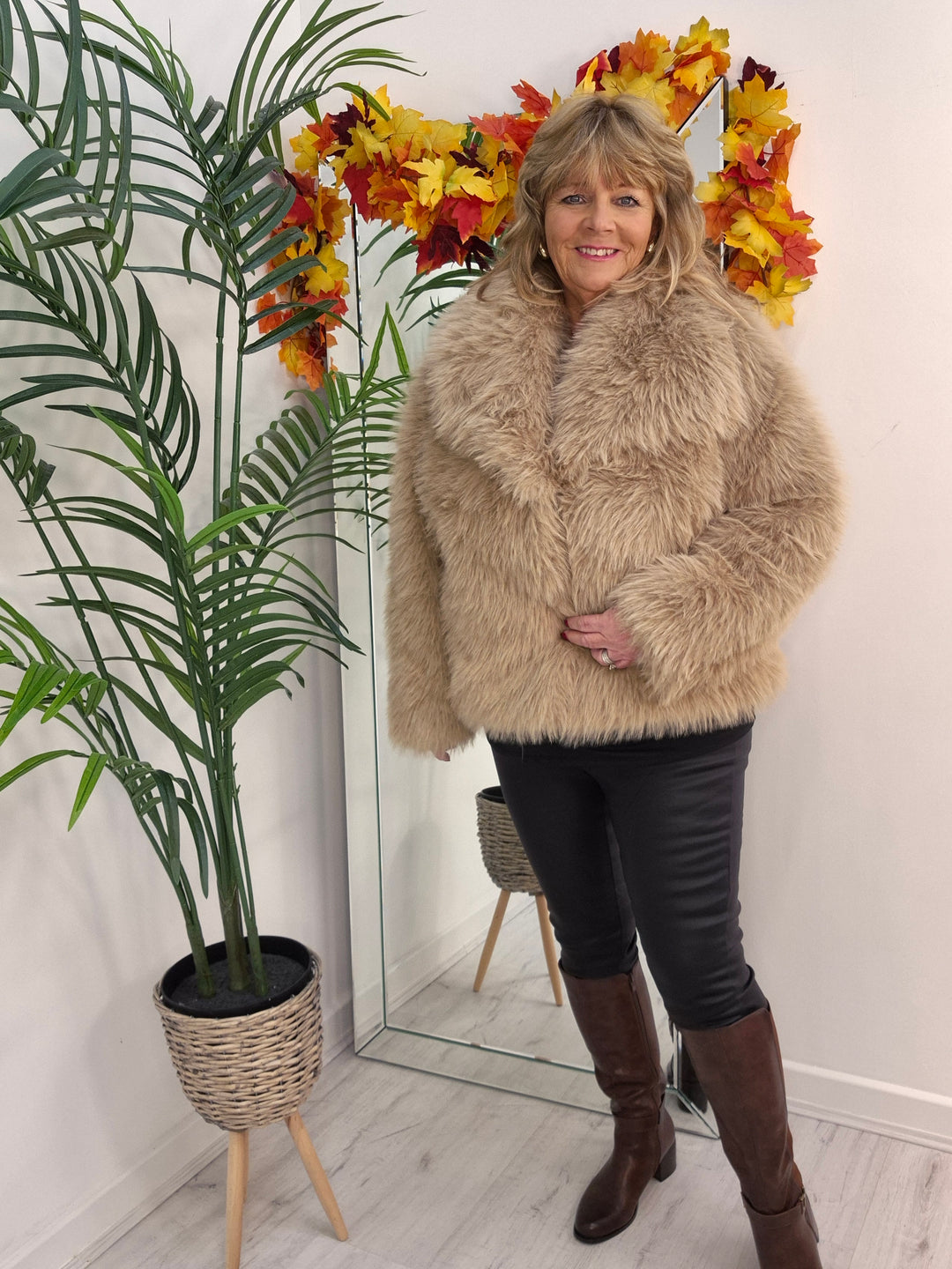 Oslo Faux Fur Shawl Collar Jacket - Light Camel (One Size/Curvy - fitting from Size 14 up to Size 18)