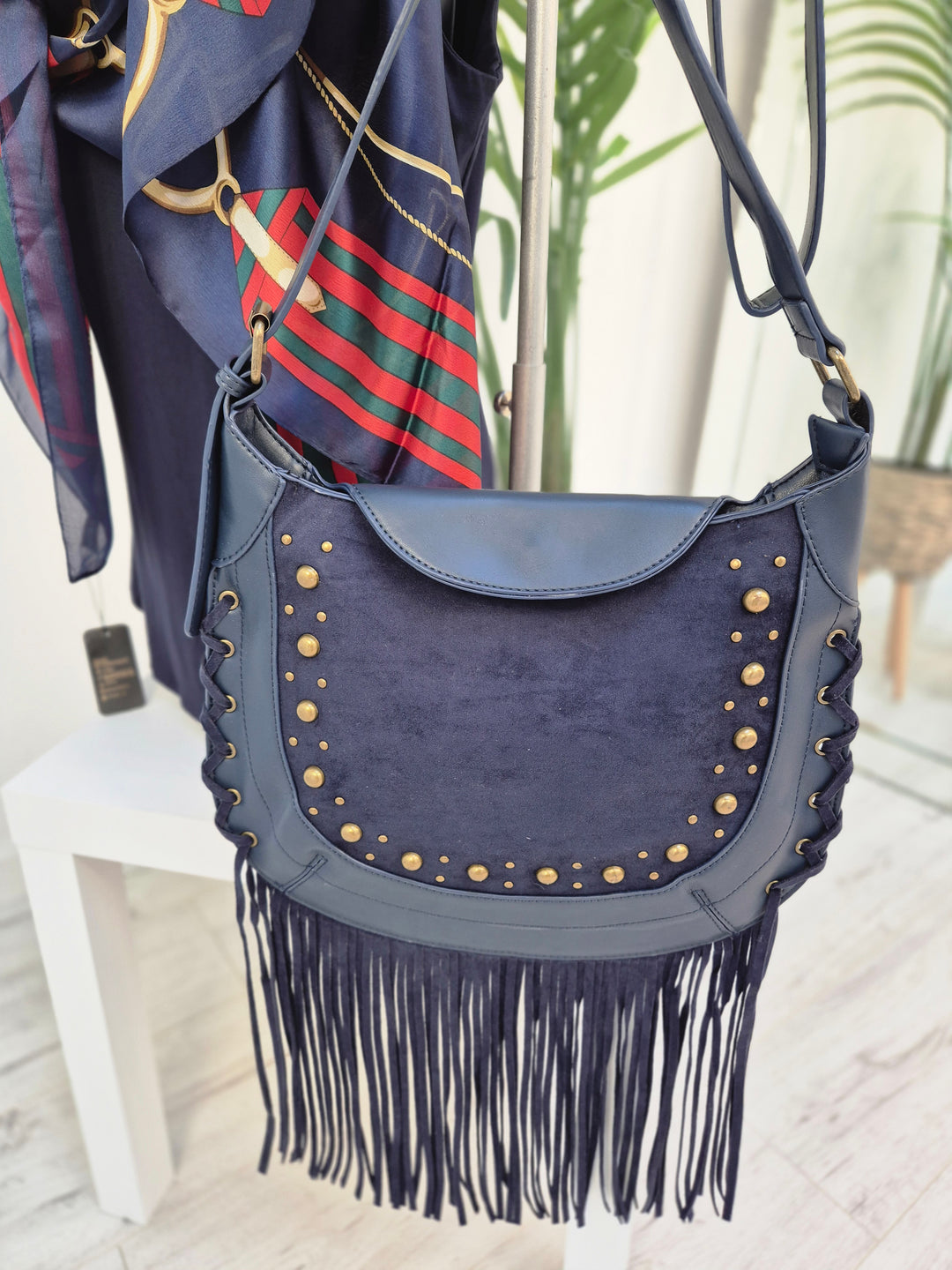 Farley Studded & Tassel Saddle Bag - Navy