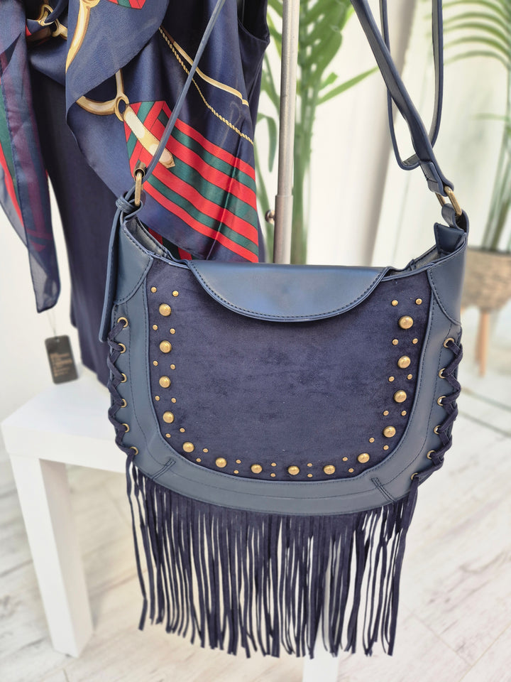 Farley Studded & Tassel Saddle Bag - Navy