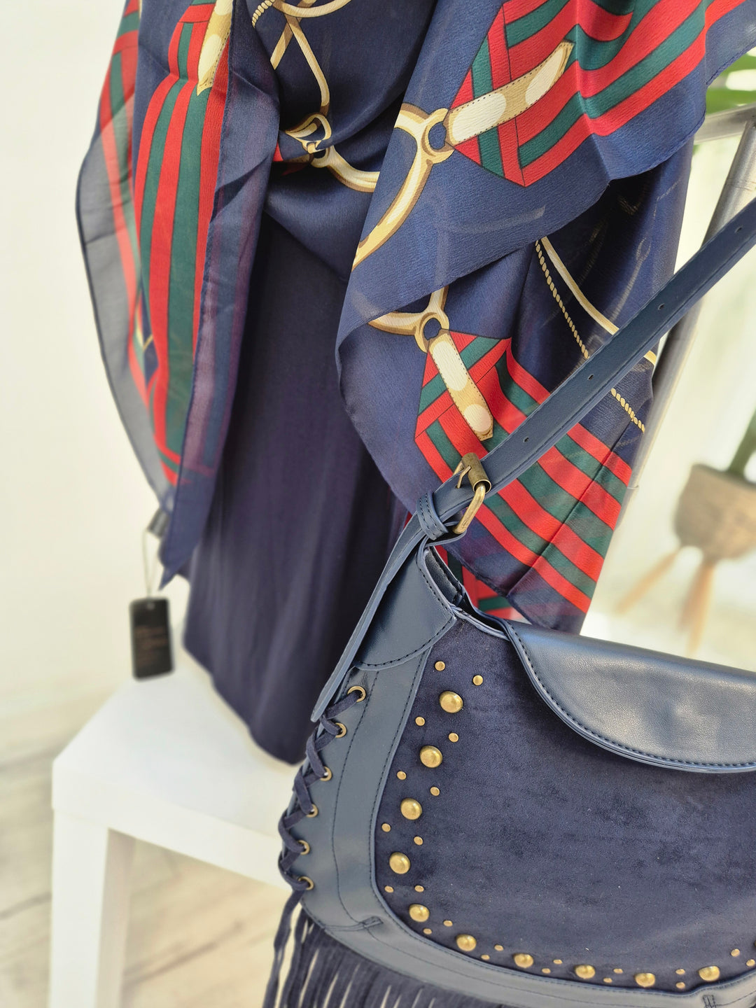 Farley Studded & Tassel Saddle Bag - Navy
