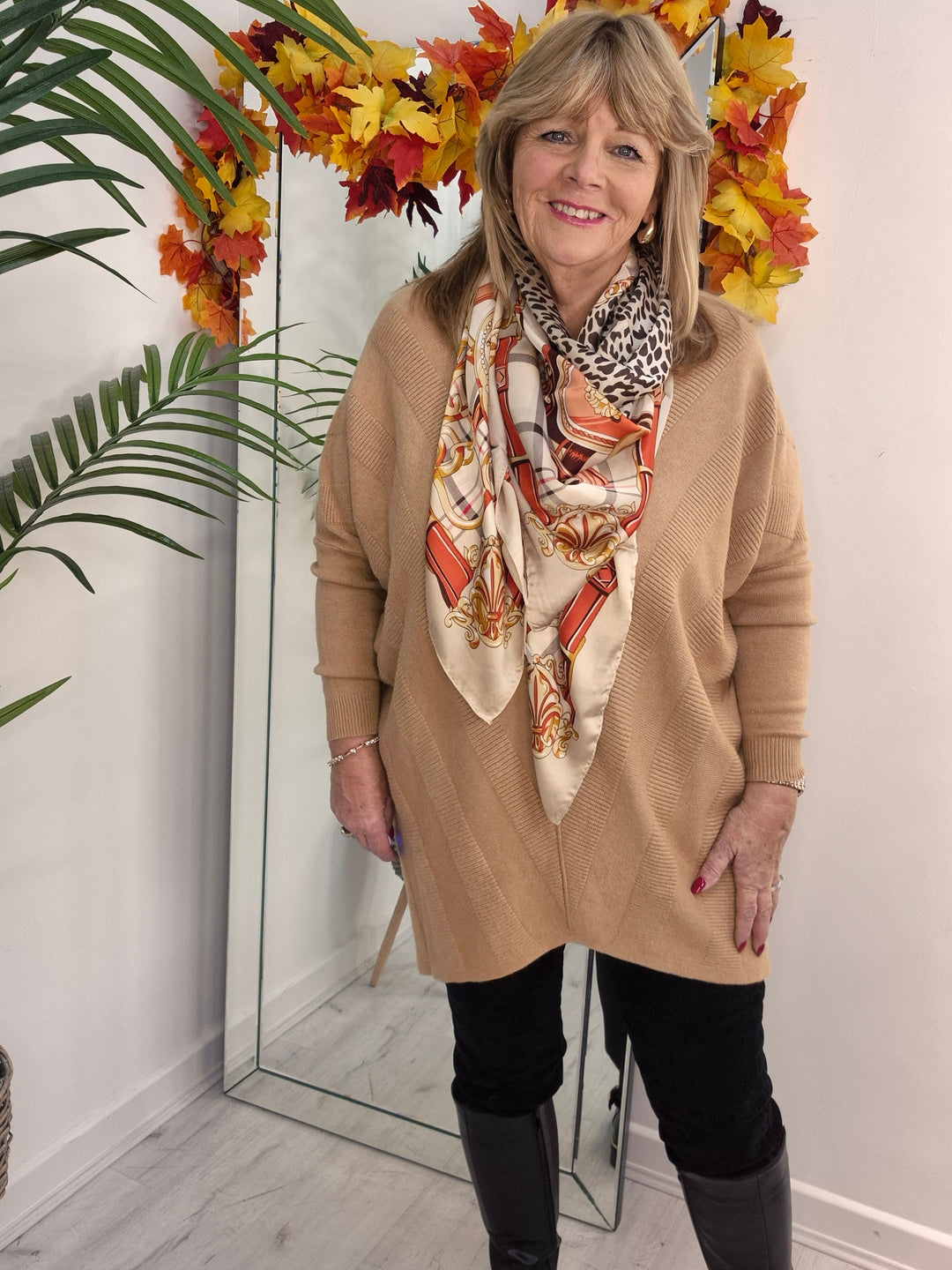 Silk Leopard Print & Checked Scarf - Beige Multi