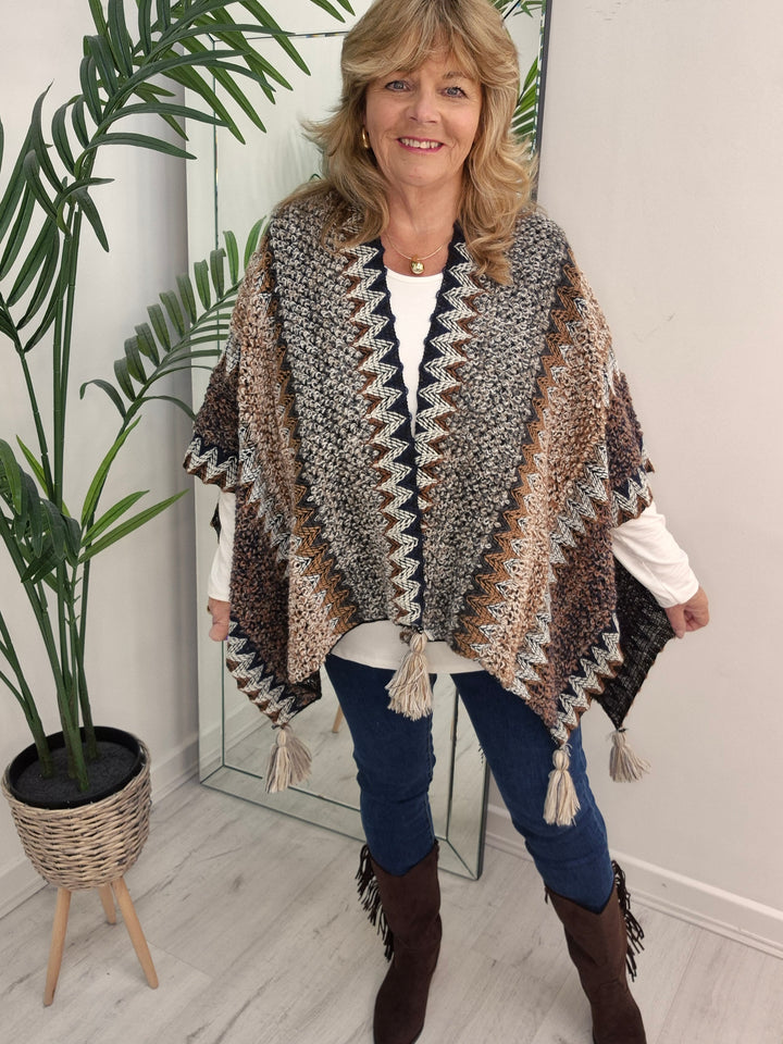 Aztec Poncho with Tassels - Chocolate Multi
