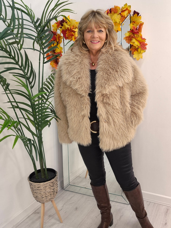 Oslo Faux Fur Shawl Collar Jacket - Light Camel (One Size/Curvy - fitting from Size 14 up to Size 18)