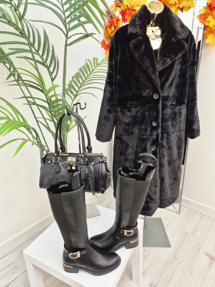 Oslo Longline Faux Fur Coat - Black (choose your Size)