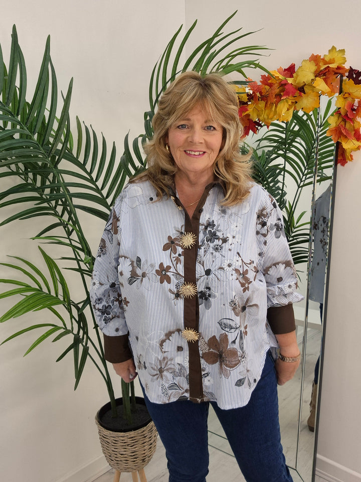 Zeta Otto Oversized Blouse - Blue/Chocolate (One Size - fits from Size 14 up to Size 18/20)