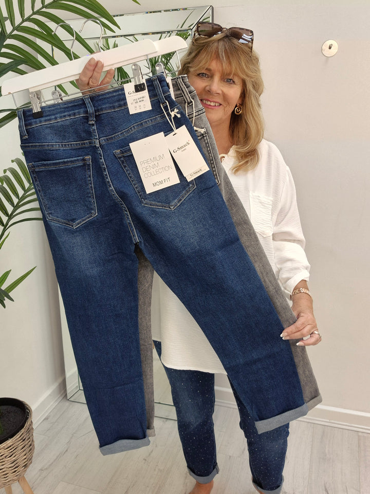 Aurora Sparkly G Smack Mom Jeans - Dark Denim Stonewashed (choose your Size)