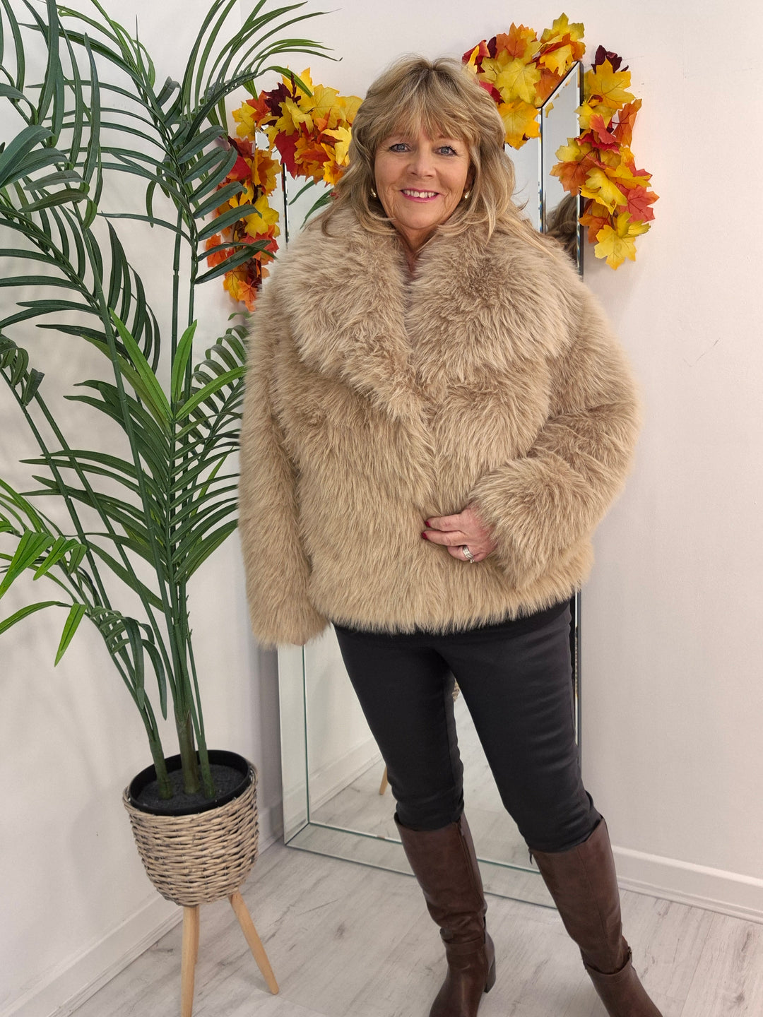 Oslo Faux Fur Shawl Collar Jacket - Light Camel (One Size/Curvy - fitting from Size 14 up to Size 18)