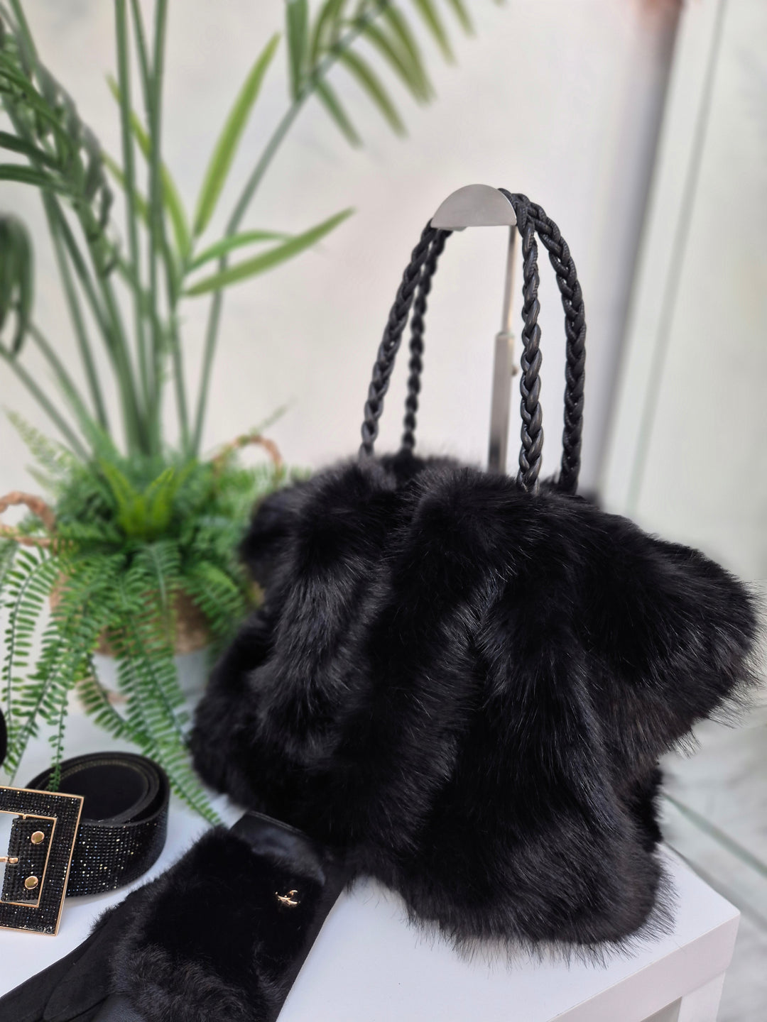 Oslo Faux Fur Bag with Dual Handles - Black (Large Size)