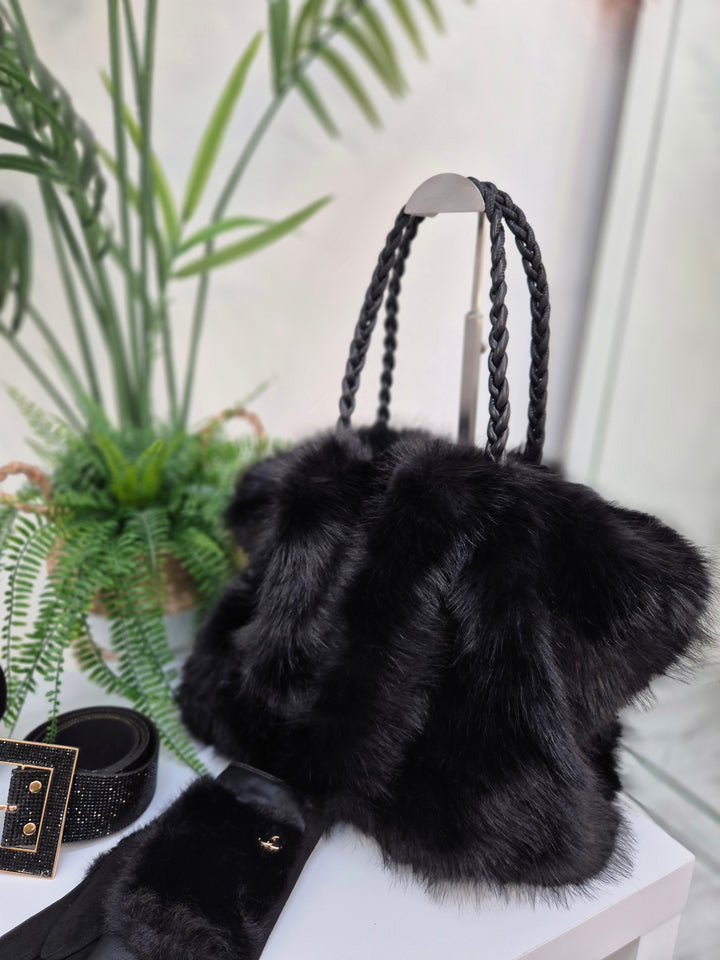 Oslo Faux Fur Bag with Dual Handles - Black (Large Size)