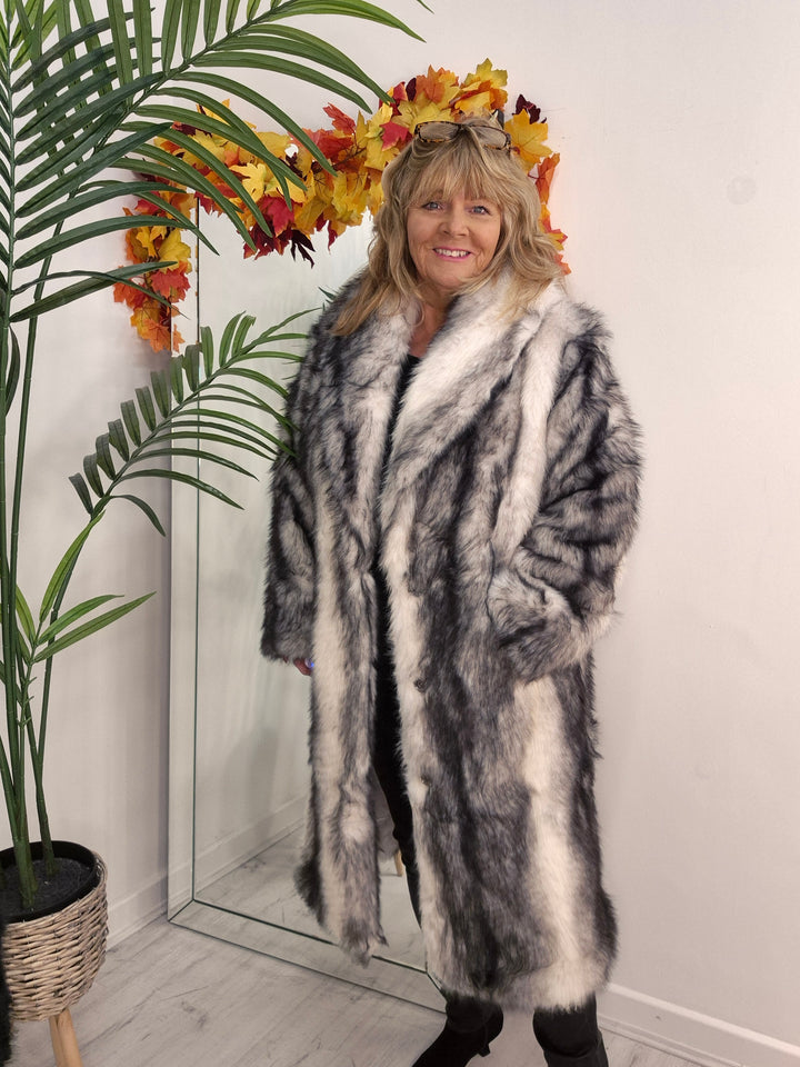 Oslo Faux Fur Longline Coat - White/Silver Grey (One Size - fitting Size 10 up to Size 16/18)