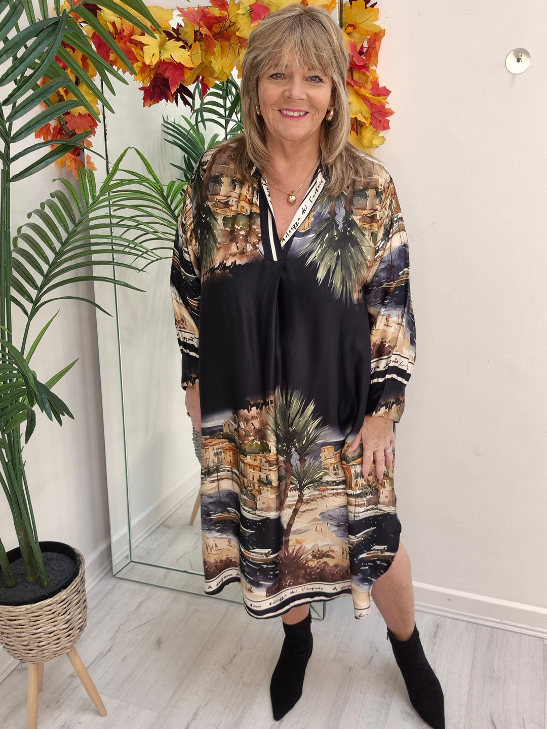 Amalfi Village Silk Dress - Black/Khaki - (One Size/Curvy - fitting from Size 14 to Size 20)