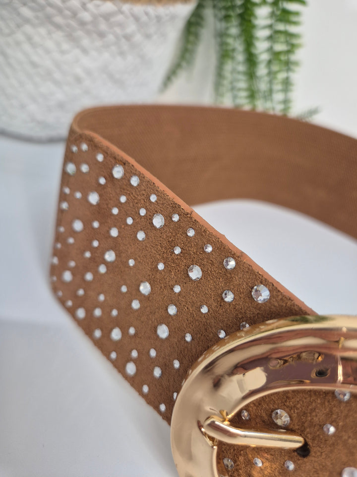 Stretchy Crystal Belt - Tan - (One Size, fits from Size 8 to Size 16)