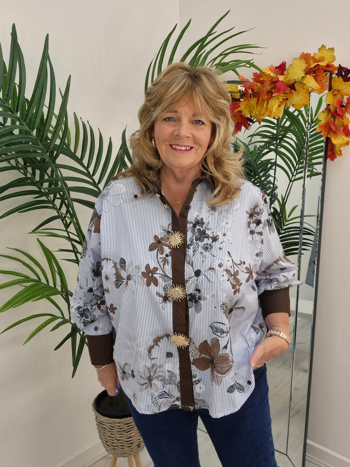 Zeta Otto Oversized Blouse - Blue/Chocolate (One Size - fits from Size 14 up to Size 18/20)