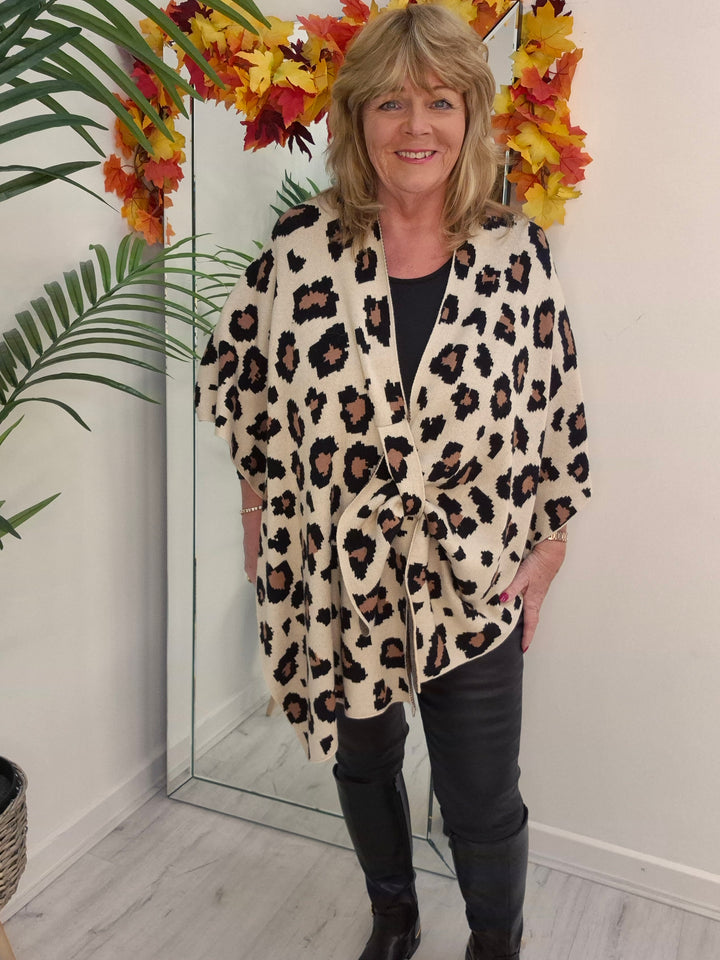 Leopard Super Soft Poncho/Wrap - Latte (One Size/Curvy Size from 12 up to Size 20)