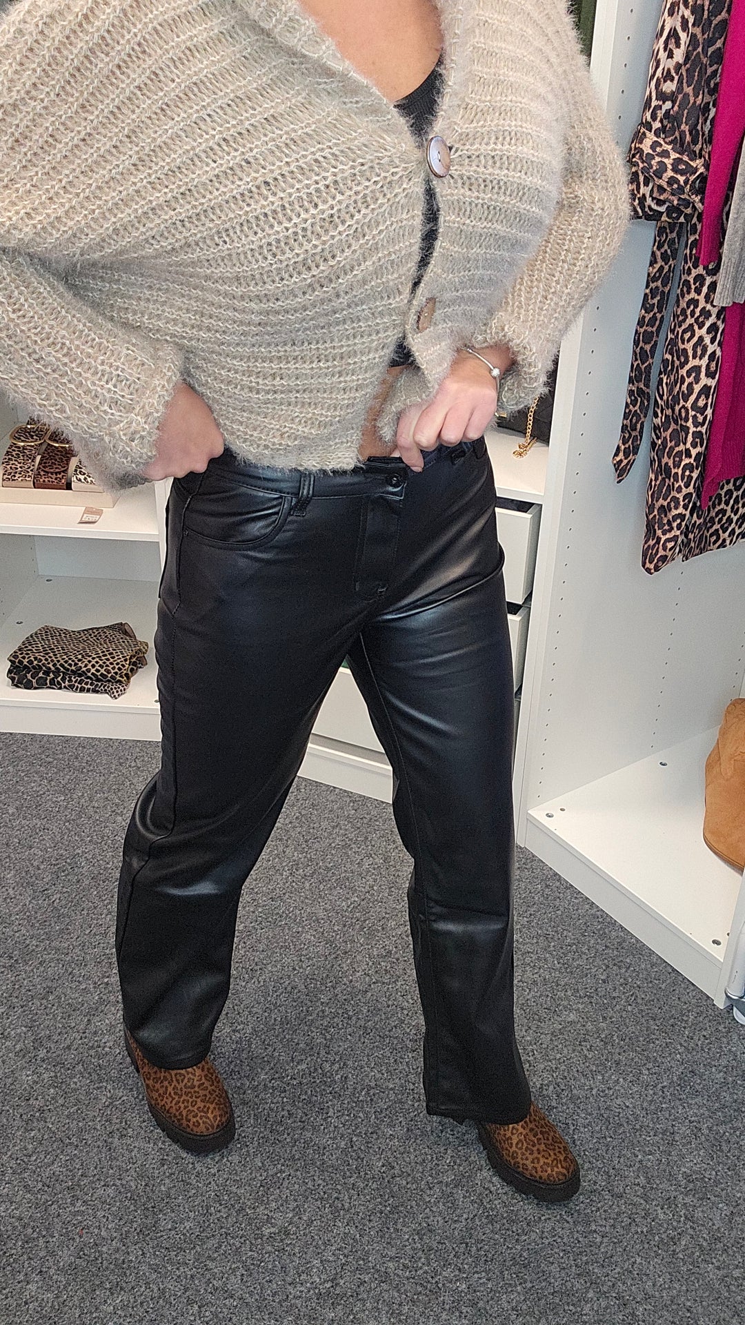 Wide Leg PU Coated Jeans - (Black) - (choose your Size)