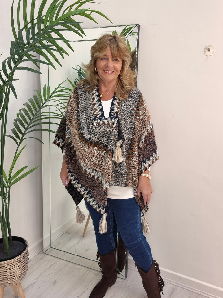 Aztec Poncho with Tassels - Chocolate Multi