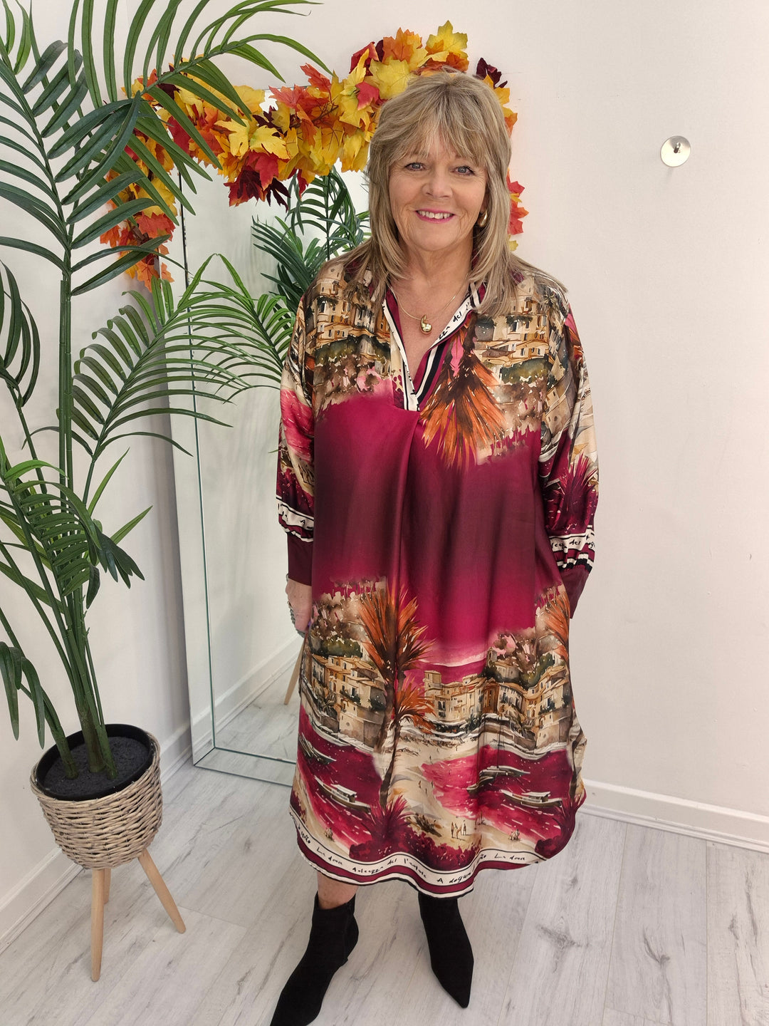 Amalfi Village Silk Dress - Wine - (One Size - fitting from Size 14 to Size 20)