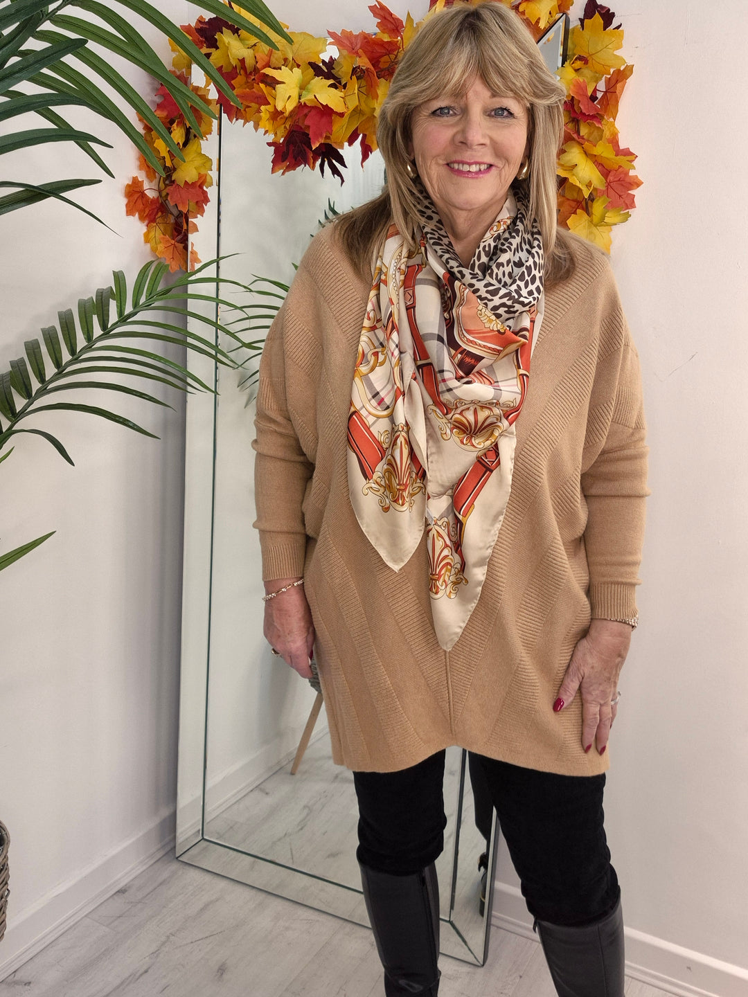 Silk Leopard Print & Checked Scarf - Beige Multi