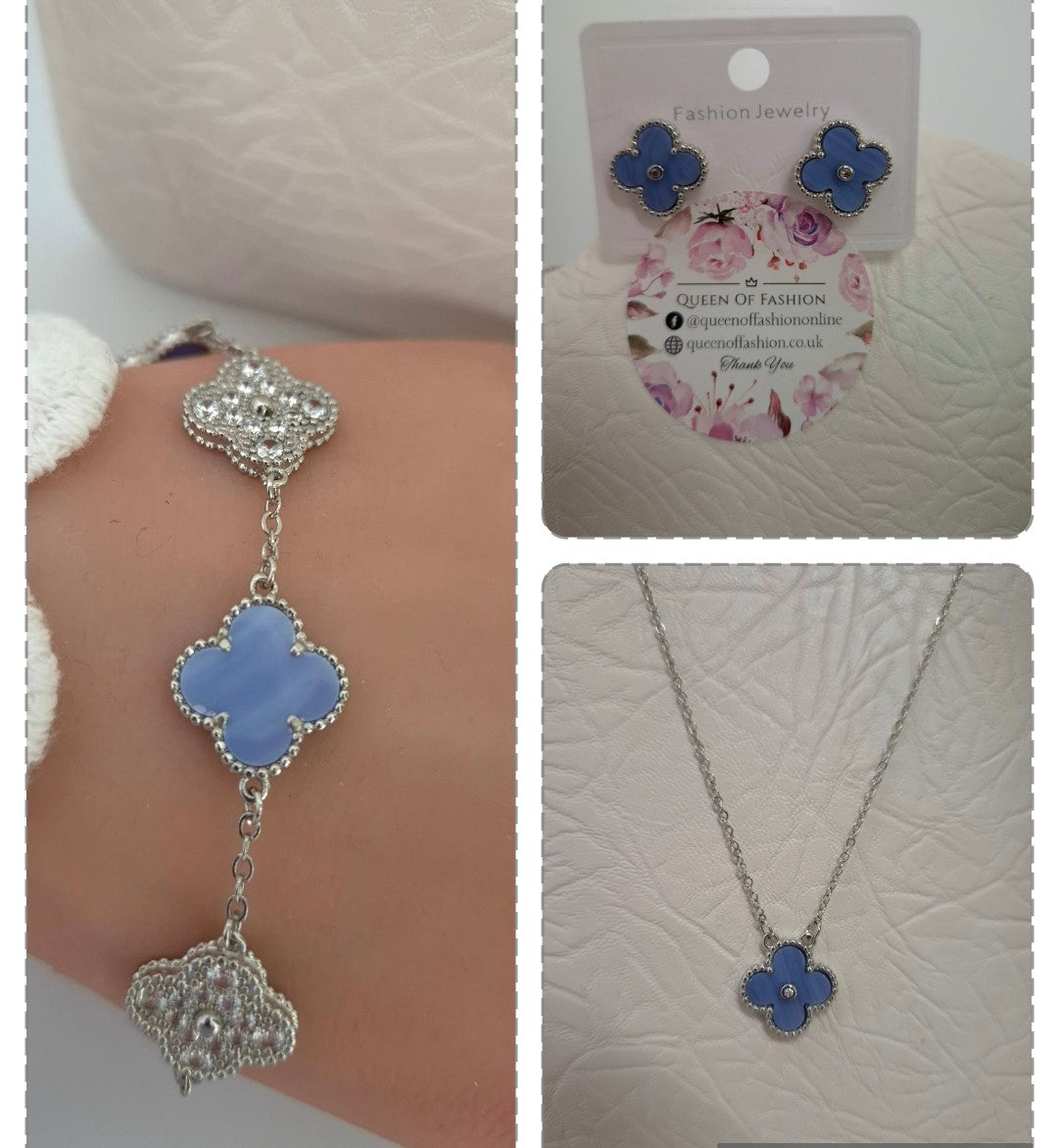 Clover Necklace, Earrings & Bracelet (choose your item) - Blue in Silver Tone