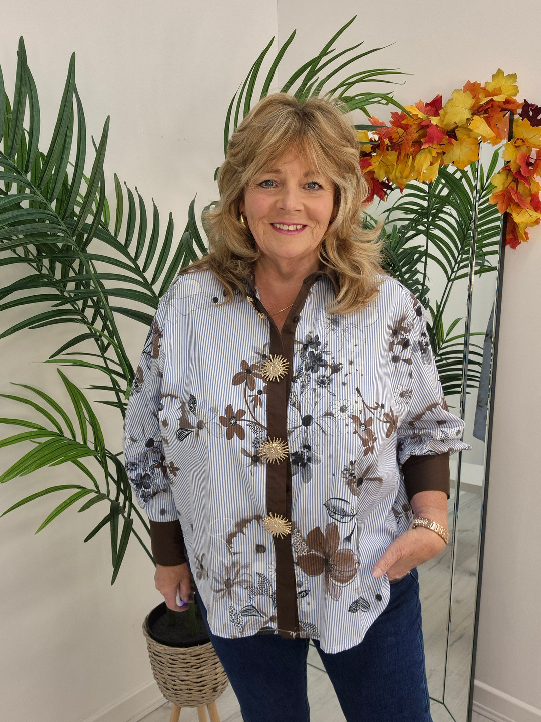 Zeta Otto Oversized Blouse - Blue/Chocolate (One Size - fits from Size 14 up to Size 18/20)