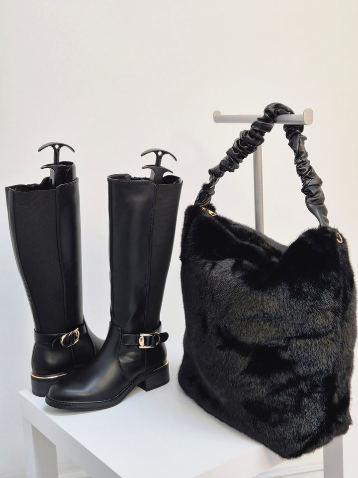 Oslo Large Faux Fur Bag with Stretchy Faux Leather Handle - Black