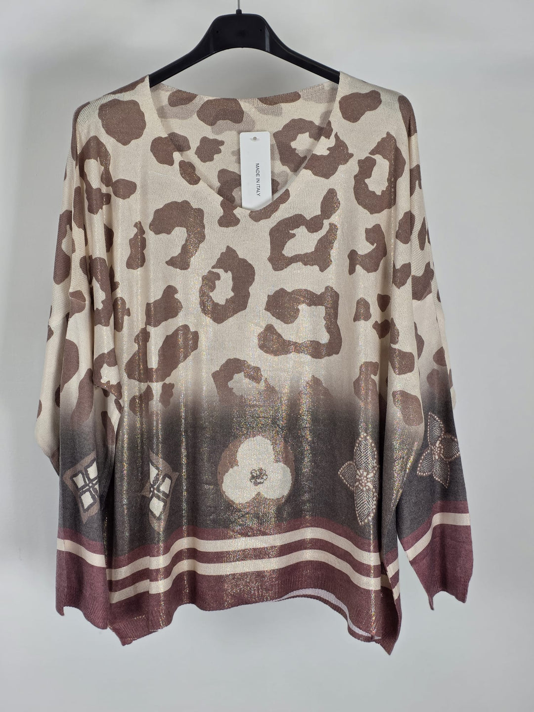 Louisa Leopard Shimmer Jumper - Chocolate & Wine (One Size, fits up to Size 16)