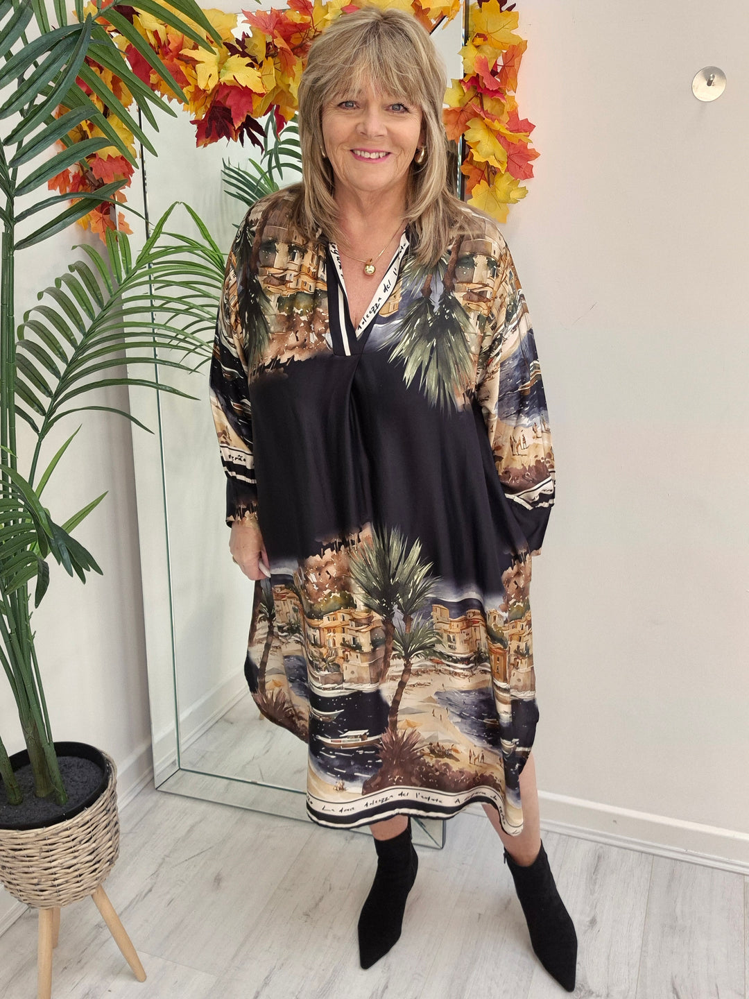 Amalfi Village Silk Dress - Black/Khaki - (One Size/Curvy - fitting from Size 14 to Size 20)