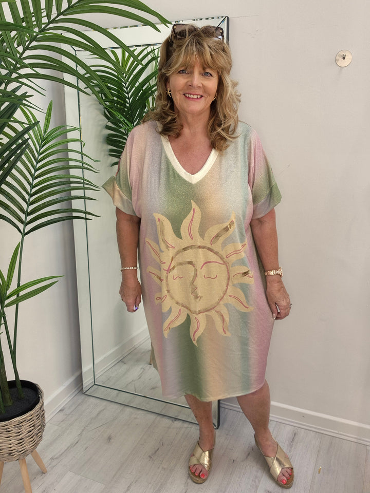 Carla Shimmer Dress - Sunshine with Palms (Loose Fit)